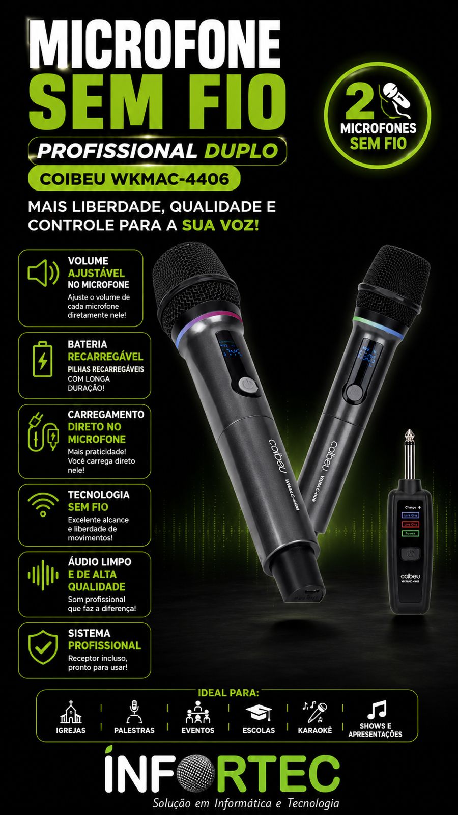 Microfone sem fio profissional duplo Coibeu WKMAC-4406